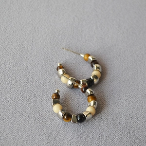Vintage C-Shape Beaded Hoop Stud Earrings With 925 Sterling Silver Post Tiger Eye Stone Copper Jewelry For Women