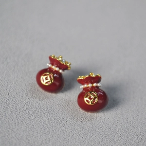 Red Enamel Fortune Bag Stud Earrings With 925 Sterling Silver Earring Post Gold Plated Brass Artificial Pearl Lucky Chinese Style