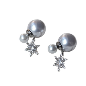 Elegant double grey pearl earrings with sparkling snowflake tassels and silver finish