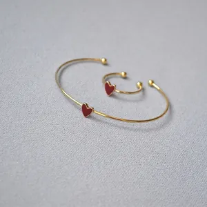 Japanese Minimalist Brass Gold Plated Red Enamel Heart Open Bangle Heart Ring For Women Elegant Sweet Fashion Jewelry Gift