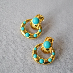 Vintage Brass Gold Plated Turquoise Inlaid Stud Earrings For Women Exaggerated Geometric Round Hoop 925 Sterling Silver Post
