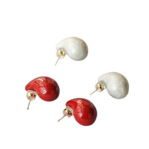 Minimalist red and white enamel drop earrings with gold needles and retro design