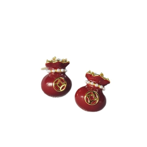 Traditional red glazed lucky money bag earrings with pearls and brass gold plating