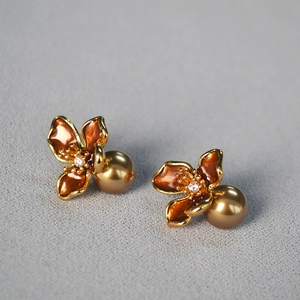 Vintage floral drop earrings with amber enamel petals and champagne pearls in gold finish