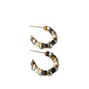 Retro tiger eye stone C-shaped hoop earrings with silver beads and beads in a minimalist style