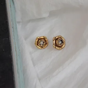 Vintage Brass Gold Plated Rose Flower Stud Earrings With 925 Sterling Silver Post Rhinestone Inlaid Floral Jewelry For Women