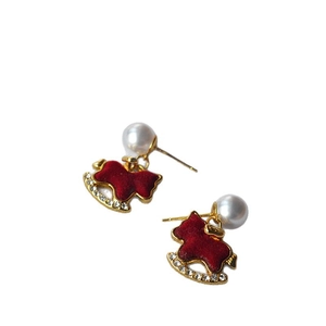 New Chinese style red flocked rocking horse stud earrings with white pearls and gold accents