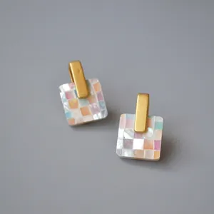 Vintage Colorful Mother Of Pearl Shell Mosaic Stud Earrings With 925 Sterling Silver Post Geometric Handmade Splicing Earrings