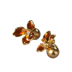 Retro amber flower earrings with champagne pearls and 925 silver needle studs