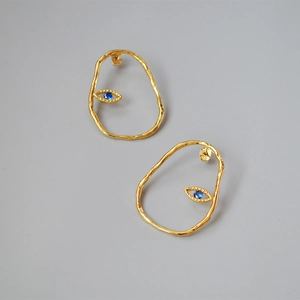 Evil Eye Stud Earrings Irregular Abstract Line Copper Gold Plated With 925 Sterling Silver Earring Post Blue Zircon Aesthetic