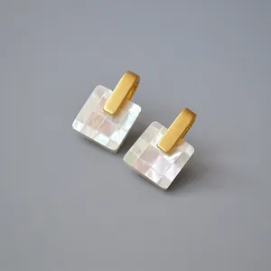 Elegant square mother-of-pearl mosaic earrings with 925 silver pins and golden accents