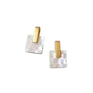 Artistic mosaic shell square earrings in 925 silver with gold-plated geometric pendants