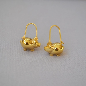Charming 18K gold plated brass pig zodiac drop earrings with high polish finish