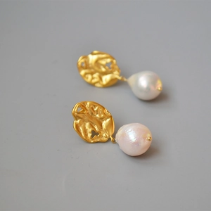 Artificial Baroque Pearl Drop Earrings Copper Leaf Design 925 Sterling Silver Earring Post Retro Artistic Style Fashion Jewelry For Women