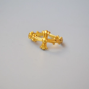 Vintage Roman style gold cross ring with wavy engraved pattern and adjustable open band