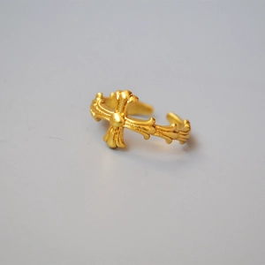 Vintage Roman style gold cross ring with wave detail and adjustable open band design
