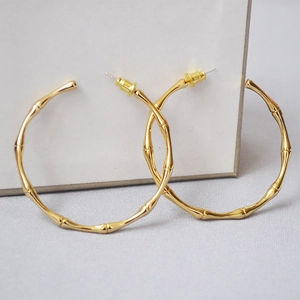 Vintage Minimalist Brass Bamboo Textured Large Hoop Earrings For Women With 925 Sterling Silver Earring Post Electroplated Jewelry