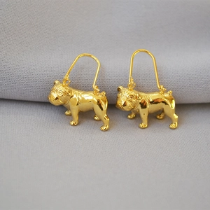 Gold plated brass bulldog drop earrings with polished finish for animal lovers