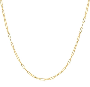 Detailed close-up of a modern gold-plated paperclip chain necklace on white background