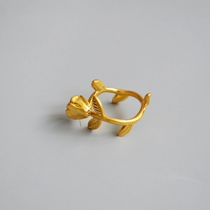 Vintage brass gold rose flower branch adjustable open ring with matte finish for women