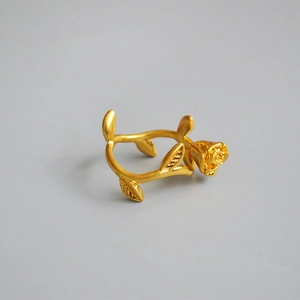 Vintage gold plated brass rose branch ring with realistic flower bud and leaves