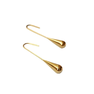Polished gold-plated teardrop drop earrings with long U-shaped hooks on white background
