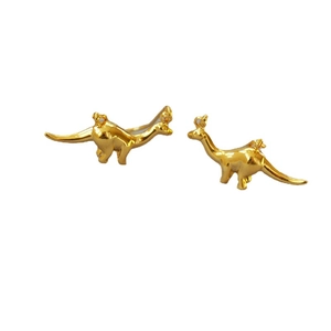 Golden brass dinosaur dangle earrings featuring polished creative animal shaped pendants