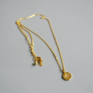 Detail of 18K gold plated North Star coin pendant necklace with sparkling zircon accents