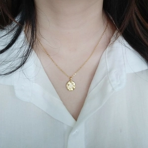 18K gold plated coin necklace featuring a sparkling North Star pendant on a model's neck