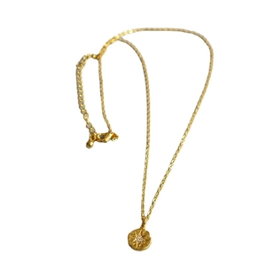 Sparkling 18K gold plated North Star coin necklace with zircon for women on white background
