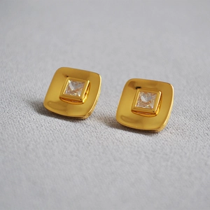 18K gold plated square zircon stud earrings with 925 silver needle for a vintage look