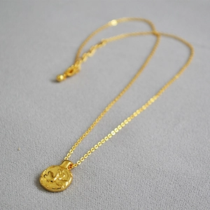 Detail of round gold coin pendant with embossed swan design and dainty fine chain link