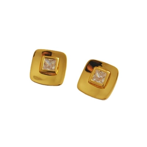 Elegant 18K gold-plated square stud earrings with faceted zircon stones on white background