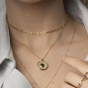Three-layer gold-plated paperclip chain choker set with black round pendant