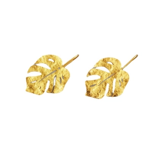 Vintage golden monstera leaf earrings with a textured matte finish and ear hook