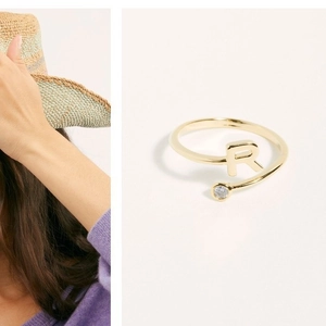 Adjustable golden letter R ring featuring a sparkling zircon stone for women