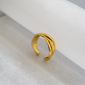 Minimalist gold-plated double-layer crossover open ring with polished metallic finish