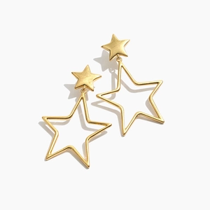 Retro hollow star 925 silver needle drop earrings in gold finish with layered design
