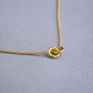 Detailed macro shot of the interlocking double rings on a delicate gold chain necklace