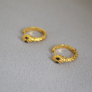 Retro golden snake hoop earrings with detailed scales and black zircon eyes for women