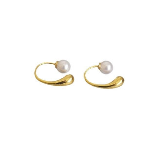 Elegant French brass gold-plated earrings with drop-shaped metal and glossy white pearls
