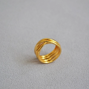 Polished gold plated multilayer twisted knot ring in minimalist intertwined wire design