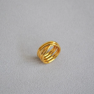 Detailed view of polished multi-layer gold layered rings with knotted overlapping design