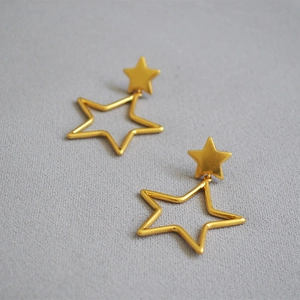 Detailed view of matte gold hollow star earrings on a grey textured fabric background