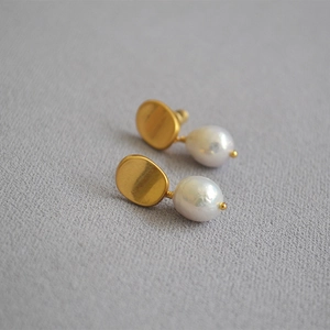 Baroque freshwater pearl earrings with matte gold plated brass in a vintage style