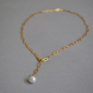 Minimalist gold paperclip Y-necklace with elegant baroque freshwater pearl drop pendant