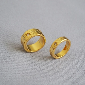 Vintage Polaris 8-Pointed Star Brass Ring For Women Gold Plated Hammered Texture Zirconia Inlaid Adjustable Finger Jewelry