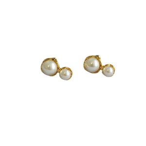 Minimalist double pearl peanut shape stud earrings with gold plating and 925 silver needles