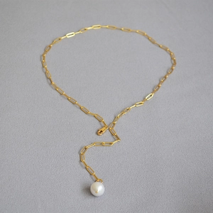 Minimalist gold paperclip Y-necklace with elegant baroque freshwater pearl drop pendant