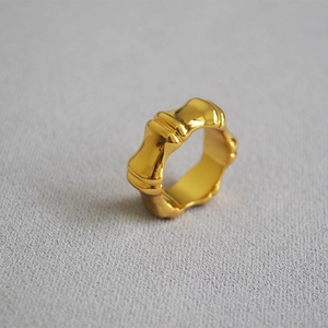 Minimalist Brass Gold Plated Wide Band Bamboo Joint Ring For Women Fashion Polished Glossy Statement Finger Ring Jewelry